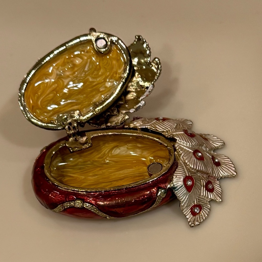 Jeweled Metal and Enamel Peacock Trinket Box With Magnetic Closure - Picture 10 of 11